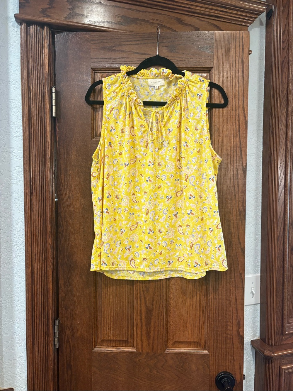 MELLODAY $38 Yellow Floral Ruffle Tie-Neck Blouse XL Boho - Picture 2 of 5